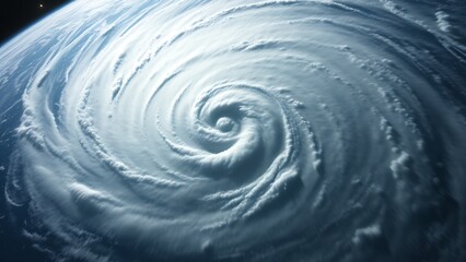 Dramatic hurricane formation viewed from space, showcasing swirling clouds over the ocean.