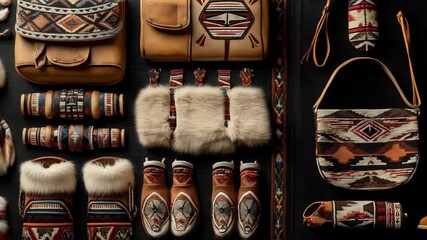 An organized collection of handcrafted, indigenous-inspired apparel and accessories. The artisan craftsmanship is evident in the leatherwork, fur accents, and textile designs.