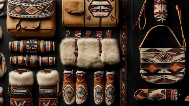 An organized collection of handcrafted, indigenous-inspired apparel and accessories. The artisan craftsmanship is evident in the leatherwork, fur accents, and textile designs.