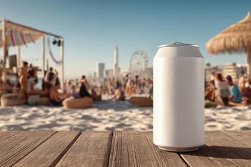 Obraz premium close up of blank beer can on beach