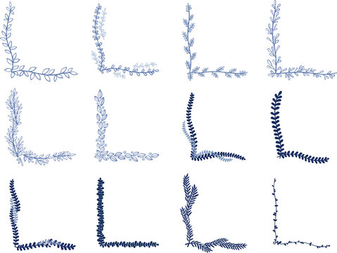 Blue color fern leaves ivy conner flat design for decoration on nature and classic style.