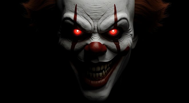Creepy clown face with red eyes and sinister grin - Powered by Adobe