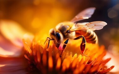 Abeja recolectando miel en flor al atardecer con tonos naranjas