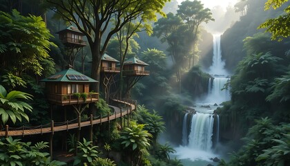 Fototapeta premium Idyllic Treehouse Village in Lush Rainforest with Cascading Waterfall