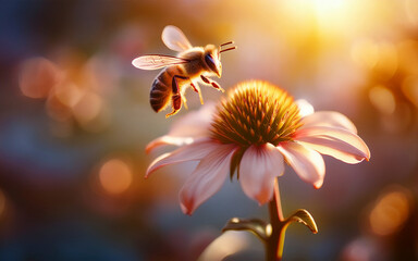 Abeja recolectando miel en flor al atardecer con tonos naranjas