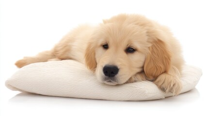Fluffy golden-haired puppy lying on soft light-colored pillow with gentle expression, dark eyes gazing forward, front paws resting, body slightly curled, plain white background.