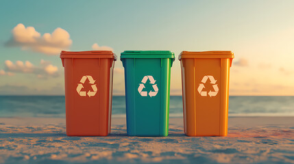 Three recycling bins in orange and green stand on a sandy beach at sunset, promoting environmental awareness and waste segregation.
