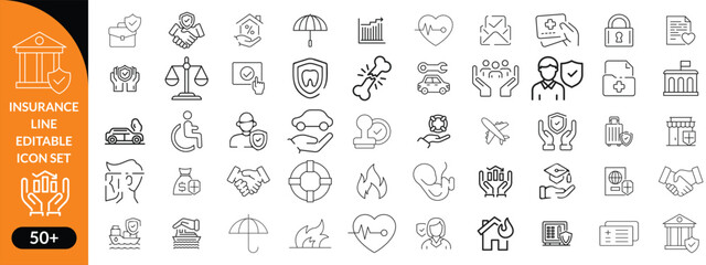 Insurance line editable icon set. Contain icons related to Insurance, protection, care, safety, assurance, and more. Editable stroke. Vector illustration big icon set