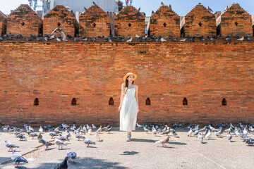 Asian tourist woman enjoying travel moments at Tha Phae Gate, Chiang Mai. Young woman in white...
