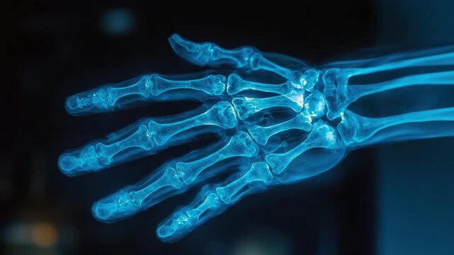 X ray hand bones skeleton medical anatomy wrist phalanges radiology healthcare transparent detailed skeletal system bone structure diagnostic glowing blue close up palm joint finger scan vdo