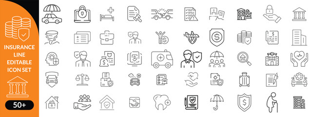 Insurance line editable icon set. Contain icons related to Insurance, protection, care, safety, assurance, and more. Editable stroke. Vector illustration big icon set
