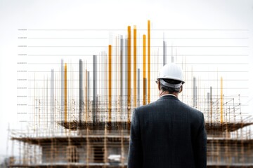 Construction manager observing building site progress with data visualization overlay