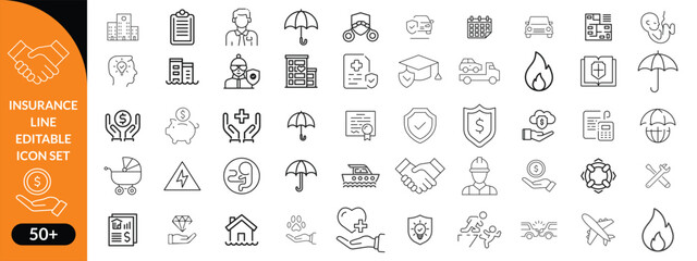 Insurance line editable icon set. Contain icons related to Insurance, protection, care, safety, assurance, and more. Editable stroke. Vector illustration big icon set
