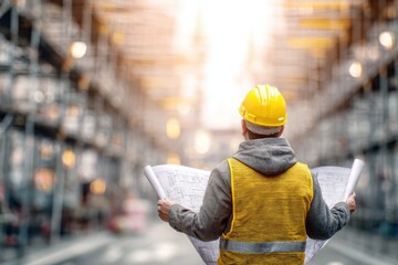 Construction worker examining blueprints in a busy warehouse with scaffolding and lights