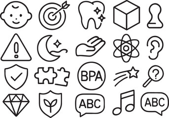 Fototapeta premium Black outline icons arranged in a grid on white background