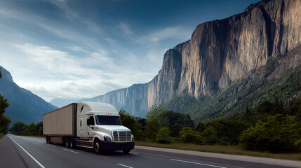 White semi truck drives on highway through scenic mountain landscape with dramatic cliffs and lush green trees under blue sky