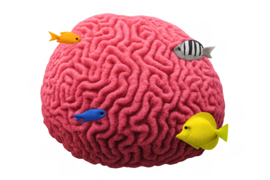 Vibrant fish circling pink brain coral, symbolizing cognitive flexibility, neural connectivity, and creative thinking against transparent backdrop