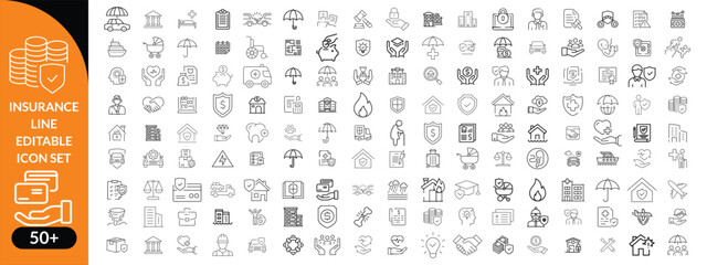 Insurance line editable icon set. Contain icons related to Insurance, protection, care, safety, assurance, and more. Editable stroke. Vector illustration big icon set