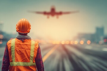 Fototapeta premium Construction worker in safety gear observes airplane landing at dusk over busy runway