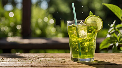 Cold Green Tea with Condensation on a Sunny Day