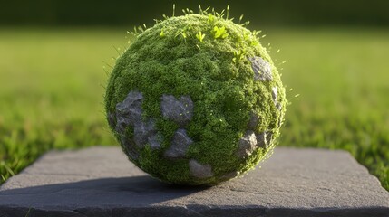 Green Moss Ball on Stone Surface in Natural Outdoor Setting
