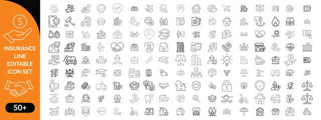Insurance line editable icon set. Contain icons related to Insurance, protection, care, safety, assurance, and more. Editable stroke. Vector illustration big icon set