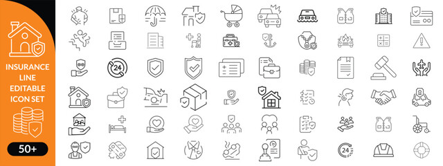 Insurance line editable icon set. Contain icons related to Insurance, protection, care, safety, assurance, and more. Editable stroke. Vector illustration big icon set