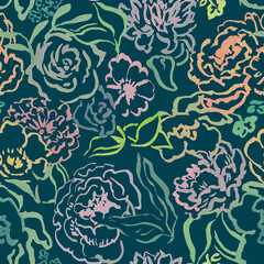 Seamless floral watercolor pattern hand drawn with lines. Seamless print with flowers in doodle style. Minimalistic, modern flowers.