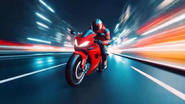 Red motorcycle sport bike speeding on highway at night with motion blur and light trail, helmeted rider creating dynamic energy and thrilling speed in vibrant light trails