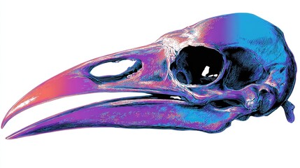A vibrant, stylized bird skull, profile view, rendered in cool and warm iridescent hues of purple, blue, and orange against a stark white background.  The skull 