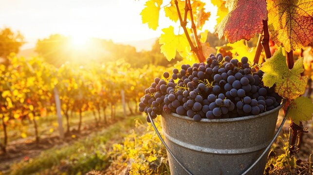 Metal bucket overflowing with freshly picked grapes in golden vineyard sunset