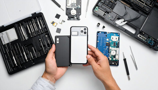 A technician is repairing a smartphone, top view of the tools and toolbox