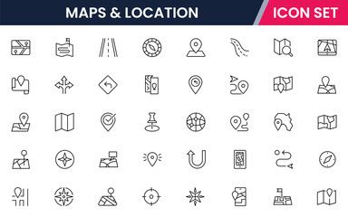 Maps and Location vector web line icon collection, sleek illustrations of pins, compasses, routes, navigation for clear, location-based designs.