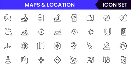 Maps and Location vector web line icon collection, sleek illustrations of pins, compasses, routes, navigation for clear, location-based designs.