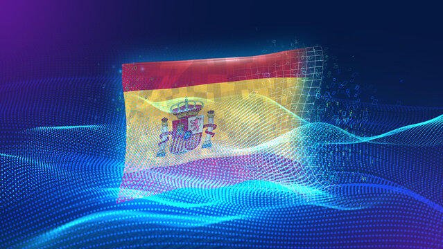Spain A futuristic digital background merging with a national flag symbol, representing the concept of technology, innovation, and digital transformation while preserving cultural identity.