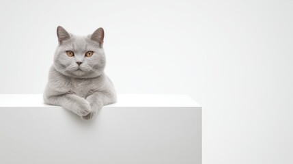 Grey cat with striking orange eyes sitting calmly on a white surface, front paws crossed, soft fur, elegant posture, plain light background, serene atmosphere.