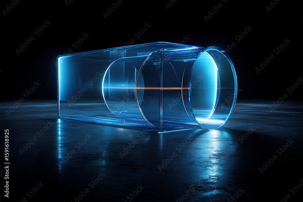 Fototapete a glowing 3d rendering of a transparent object against a dark, reflective surface.