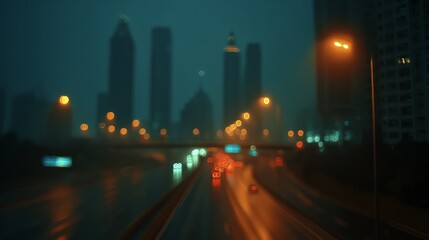 Blurred Rainy Night City Highway View