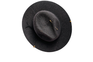 Top view of stylish black hat, elegant fashion accessory on white background

