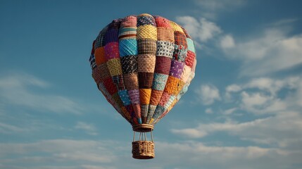 Naklejka premium Colorful patchwork hot air balloon floats in a partly cloudy sky