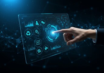 Hand Interacting with Futuristic Holographic Interface Showing Business Data