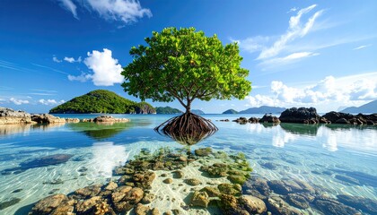 Tranquil coastal scene with a lone tree reflecting in crystal clear water