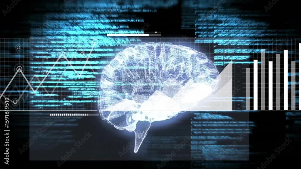 Poster On start showing 3D wireframe brain rotating with dots marking areas and charts animating data view