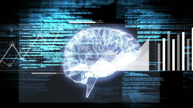 On start showing 3D wireframe brain rotating with dots marking areas and charts animating data view