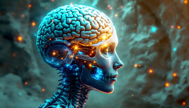 Detailed Brain and Skull with Neural Network Glows in Turquoise and Orange