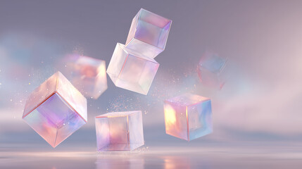 Cubes float in a surreal iridescent space. Holographic design element for technology, science, marketing, web, and design.