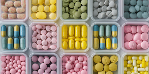 plastic containers filled with colorful pharmaceuticals, showcasing medical products, vitamins, and over-the-counter drugs