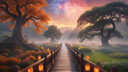 Celebration in Nature – Lantern-Lit Pathway with Colorful Sky Bursts and Autumn Leaves