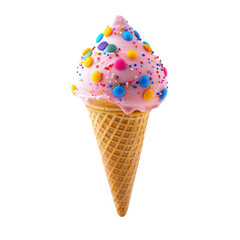 Pink ice cream cone, topped with colorful sprinkles and candies