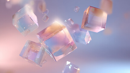 Floating Glass Cubes Shine on Gradient. Use for design, tech, science, marketing, backgrounds, and abstract presentations.